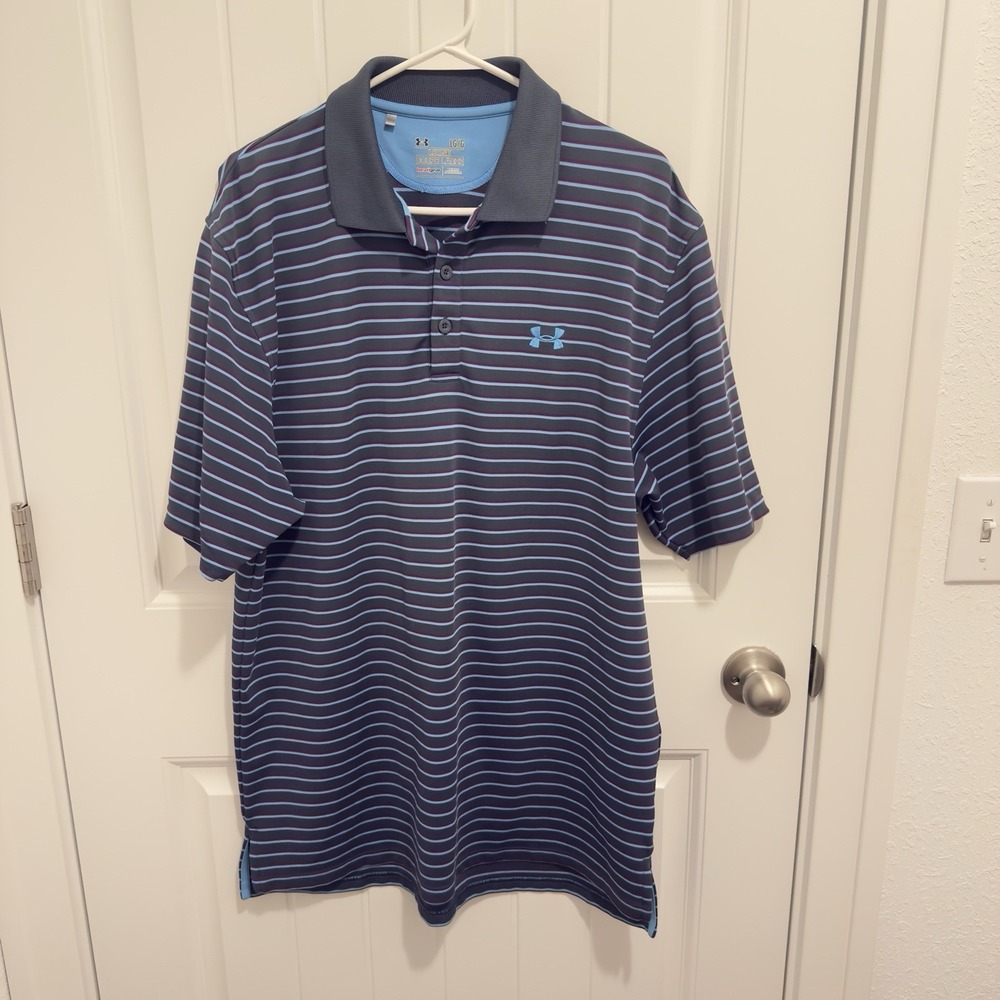 Under Armour Men's Loose Hear Gear Polo Dark Gray Blue Purple Stripe Size L
